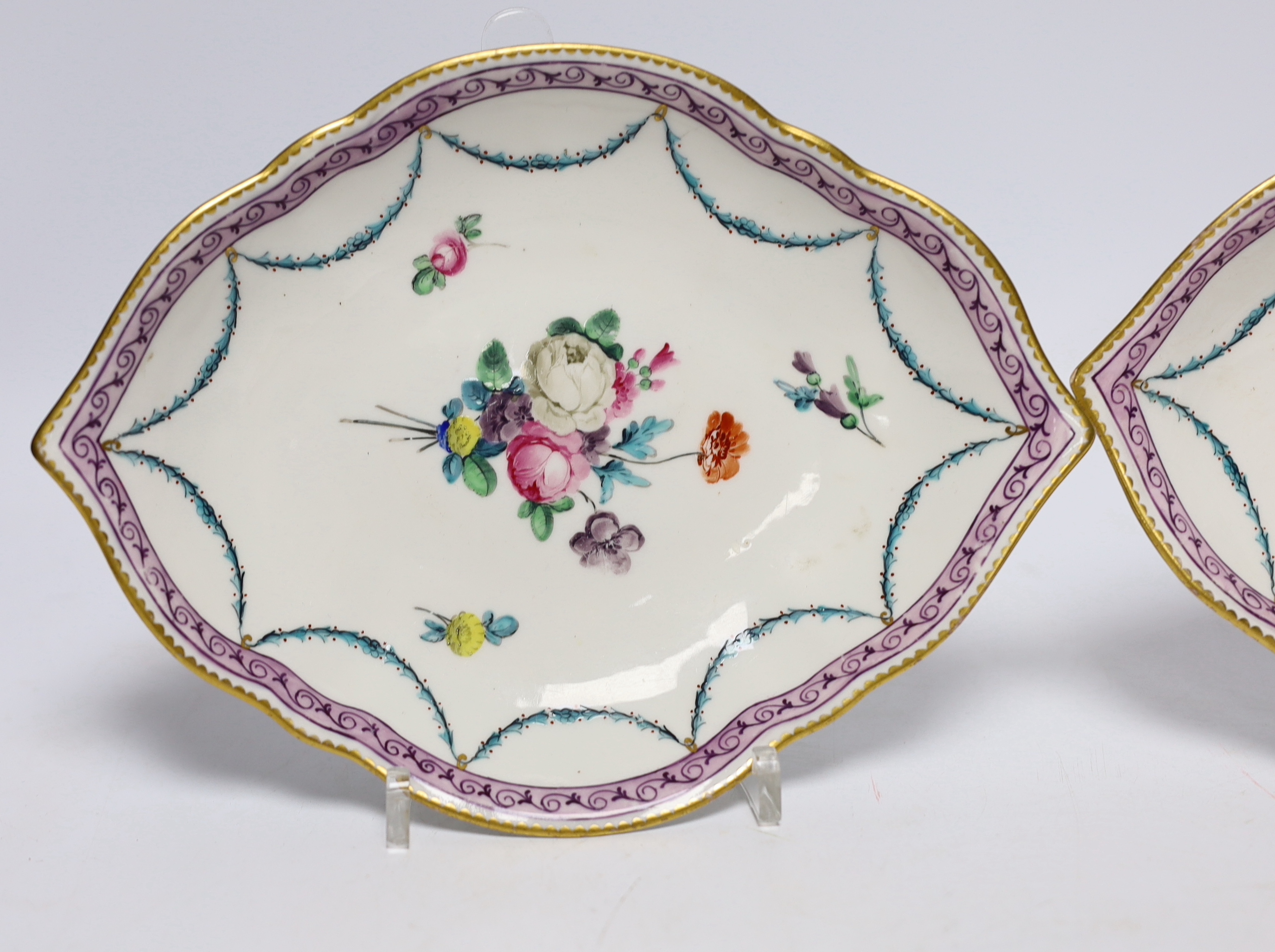 A pair of Derby flower painted dessert dishes, c.1780-5, attributed to William Billingsley 22.5cm wide